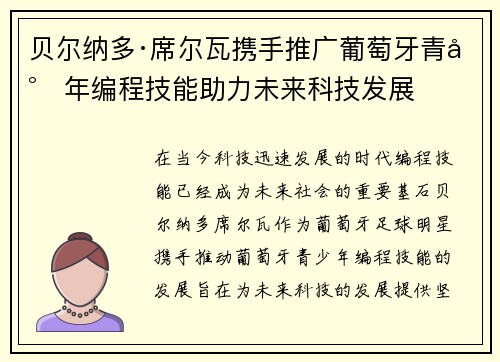 贝尔纳多·席尔瓦携手推广葡萄牙青少年编程技能助力未来科技发展